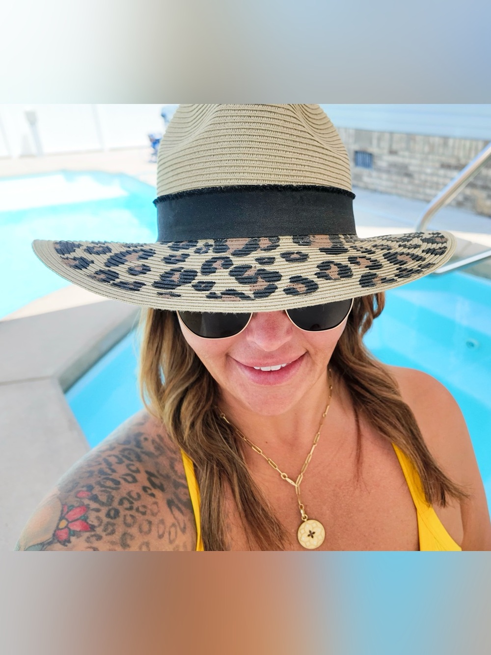 San Diego Hat Company Leopard Print Wide Brim Straw Hat - Tan, Black, Brown - Picture 2 of 4